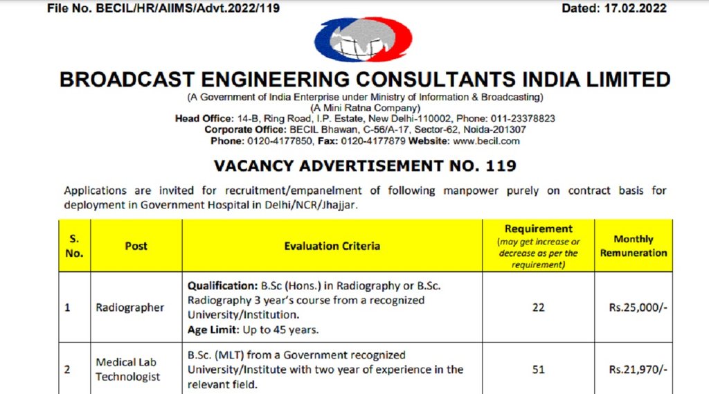 BECIL Job Notification, BECIL Radiographer Recruitment
