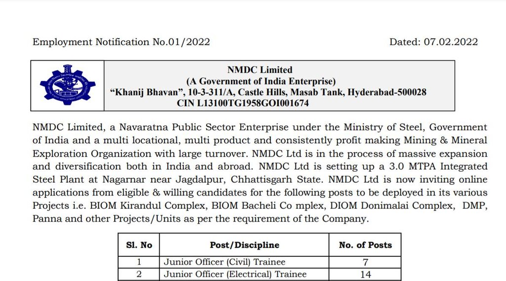 NMDC, NMDC Job 2022, NMDC Vacancy