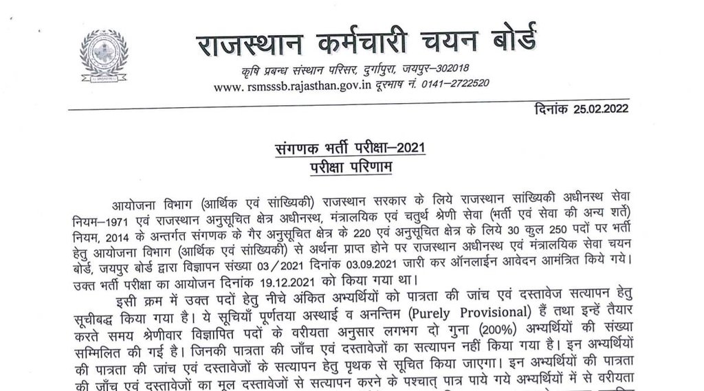 RSMSSB, RSMSSB Result, Govt Job 2022