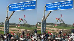 अखिलेश यादव के समर्थकों ने आगरा – लखनऊ एक्सप्रेसवे के बोर्ड पर लटकाई साइकिल, BJP नेताओं ने ली चुटकी