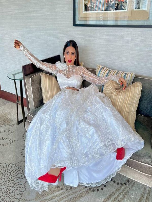 nia sharma in white gown