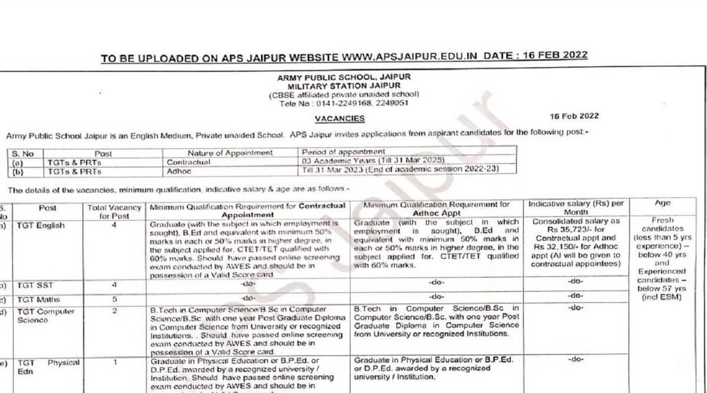 APS Recruitment 2022,aps vacancy in rajasthan,aps vacancy 2022 notification