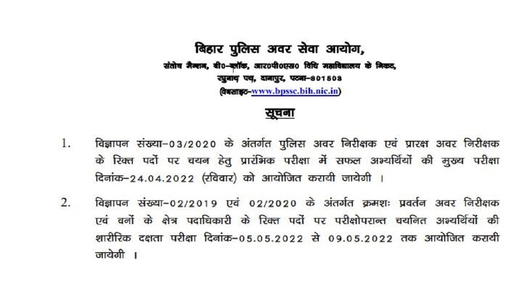 Bihar Police SI Mains Exam 2022, Bihar Police SI 2020 Mains Exam date, Bihar Police SI Mains Exam 2022 date