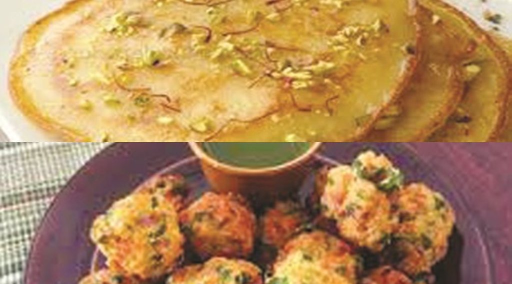 मालपुआ (ऊपर) और मूंग दाल के पकोड़े (नीचे)।