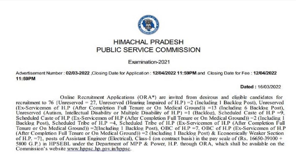 HPPSC Recruitment 2022, hppsc vacancies 2022, hppsc ae recruitment 2022