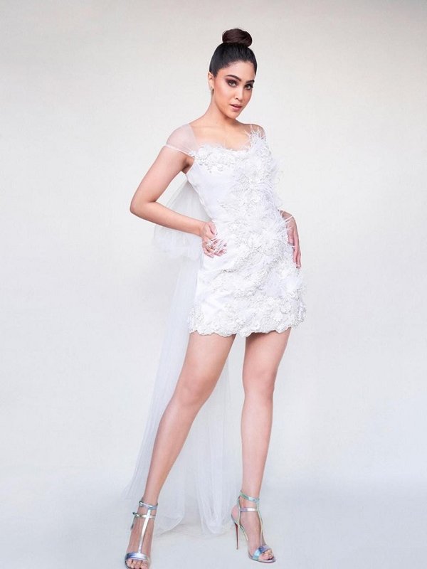 SHARVARI IN WHITE OFF SHOULDER MINI DRESS