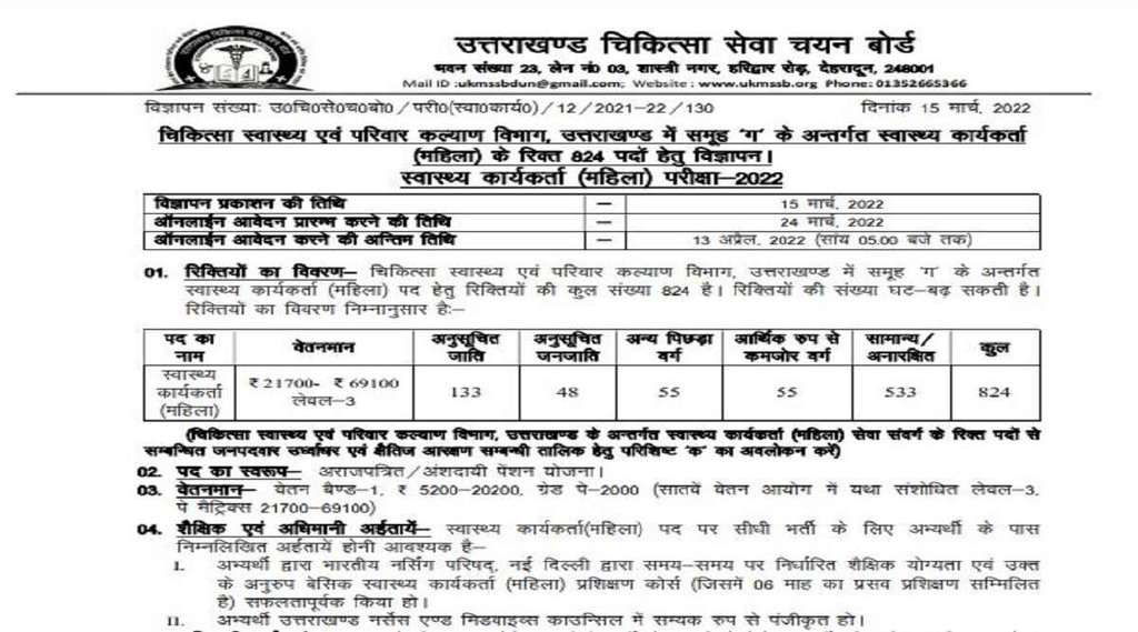 ukmssb health worker recruitment 2022, ukmssb health worker vacancy 2022,ukmssb health worker bharti 2022