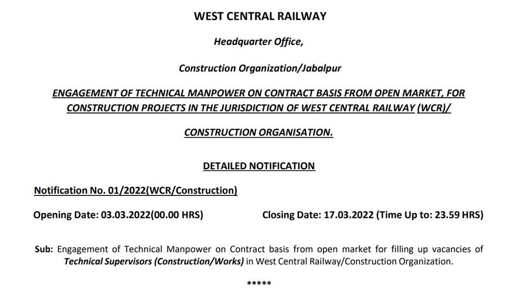 WCR, WCR Vacancy, Latest Railway Job