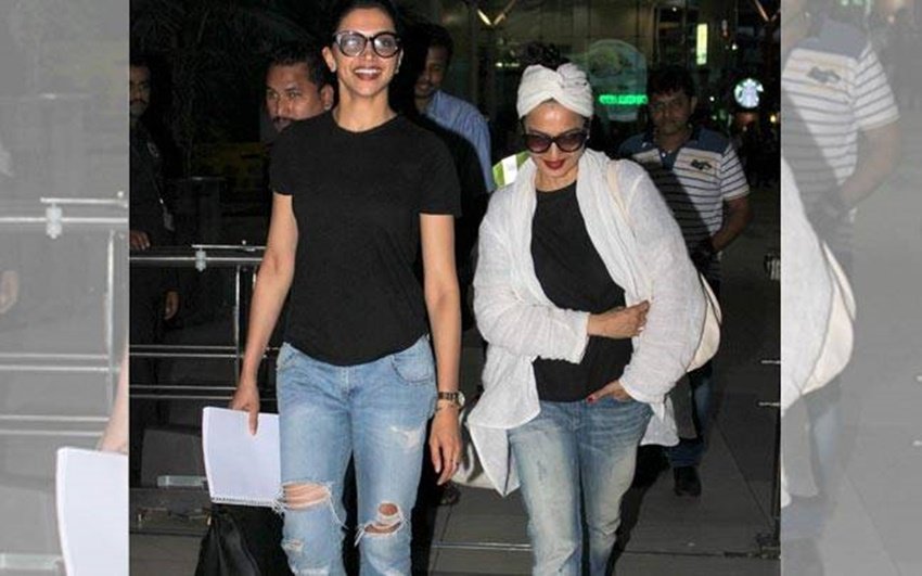 दीपिका पादुकोण के साथ रेखा इस अंदाज में मुंबई एयरपोर्ट पर स्पॉट हुई थीं।