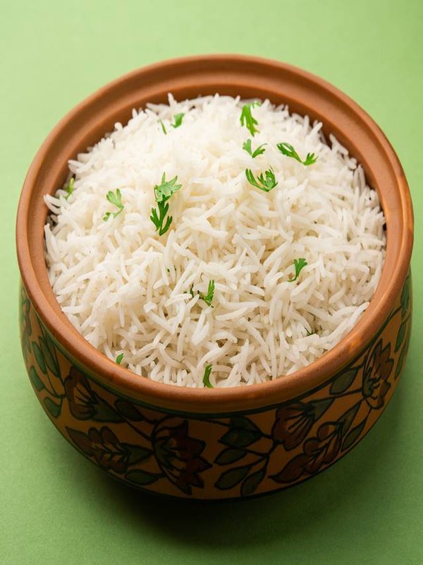 Cooked plain white basmati rice or steamed rice in bowl