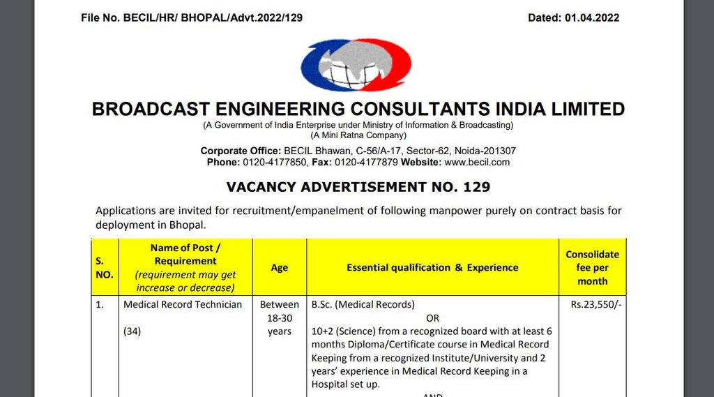 Govt Job, Sarkari Naukri, BECIL Job 2022