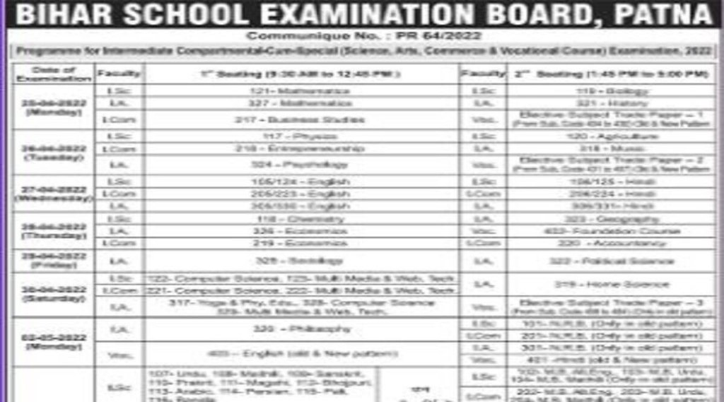 BSEB Class 12 Compartment Exams 2022 Date। BSEB Class 12 Compartment Exams 2022 schedule। BSEB 12th Compartment Exams 2022 schedule