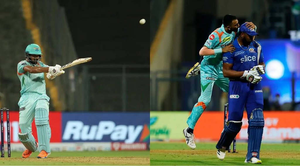 IPL 2022 Umpire and bowler narrowly left on KL Rahul shot Krunal Pandya KISSED Kieron Pollard Watch Video