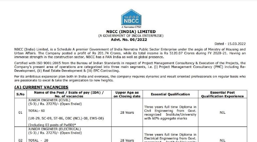 NBCC Recruitment 2022। nbcc recruitment 2022 for civil engineers, nbcc vacancy 2022। nbcc je recruitment 2022