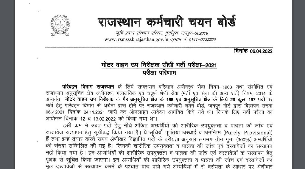 RSMSSB, RSMSSB MVSI Result, Sarkari Result 2022