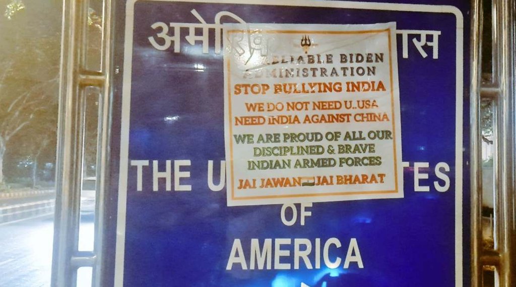 Delhi, US embassy, signboard vandalised, us president joe biden, hindu sena claimed responsibility