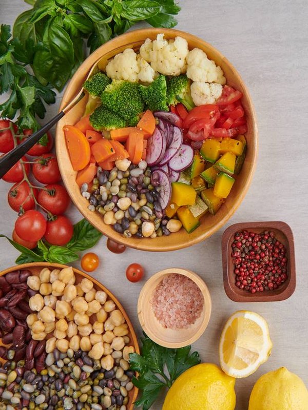Healthy vegan lunch bowl, buddha bowl salad with ingredients. ch