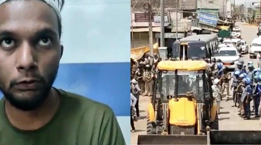 खरगोन हिंसा में पीड़ित युवक और हिंसा प्रभावित क्षेत्र में प्रशासन की कार्रवाई। (फोटो- सोशल मीडिया)