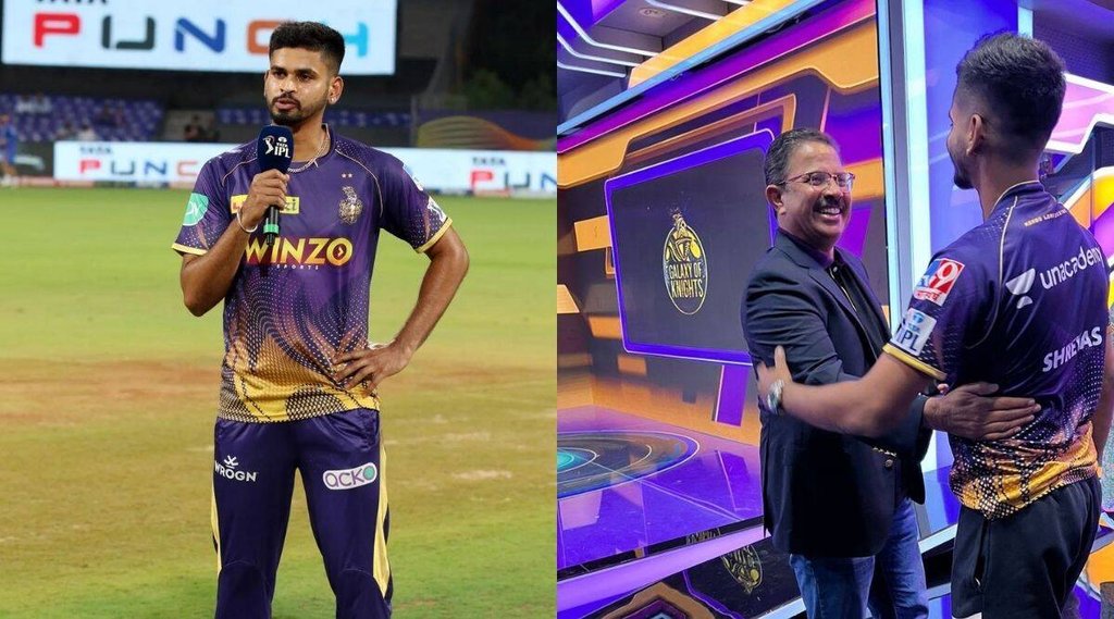 केकेआर के कप्तान श्रेयस अय्यर (बाएं); केकेआर की जर्सी लॉन्च पर अय्यर के साथ टीम के सीईओ वेंकी मैसूर। (आईपीएल | पीटीआई)