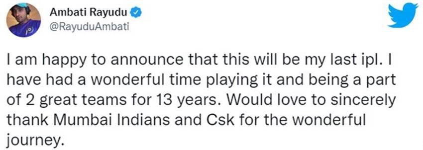 IPL 2022 Ambati Rayudu tweet