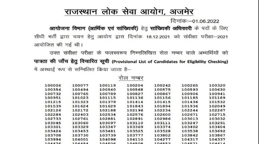 RPSC Statistical Officer Result 2022। RPSC Statistical Officer Exam Result 2022। RPSC Result 2022
