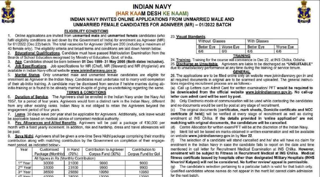 Indian Navy Agniveer MR Recruitment 2022, Indian Navy Agniveer Recruitment 2022, Agniveer MR Recruitment 2022
