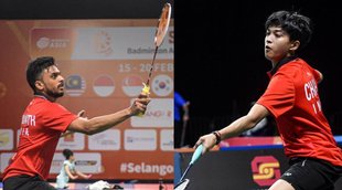 Indian shuttlers Mithun Manjunath and Ashmita Chaliha in action during Singapore Open