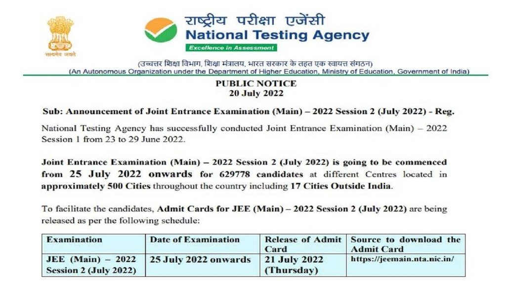 JEE Main 2022, JEE Main Session 2 Admit Card