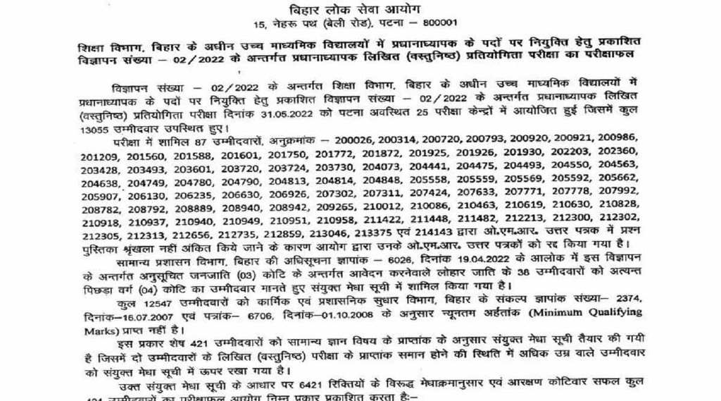 BPSC Headmaster Recruitment Result 2022, BPSC Headmaster Result 2022, BPSC Result 2022