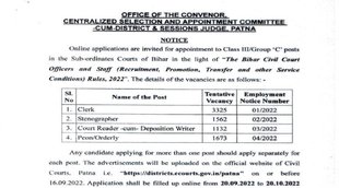 Bihar Court Recruitment 2022, Bihar Court Bharti 2022,Bihar Civil Court Class III recruitment 2022, Bihar Civil Court recruitment 2022
