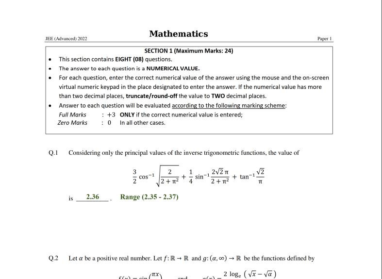 JEE Advanced Answer Key 2022