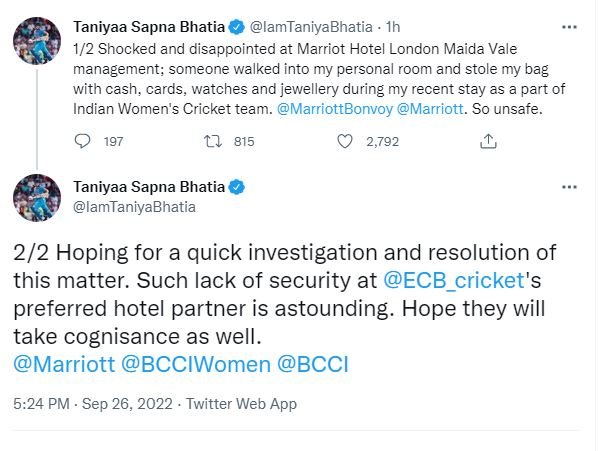 Taniya Bhatia Bag Stolen | Taniya Bhatia | INDw vs ENGw