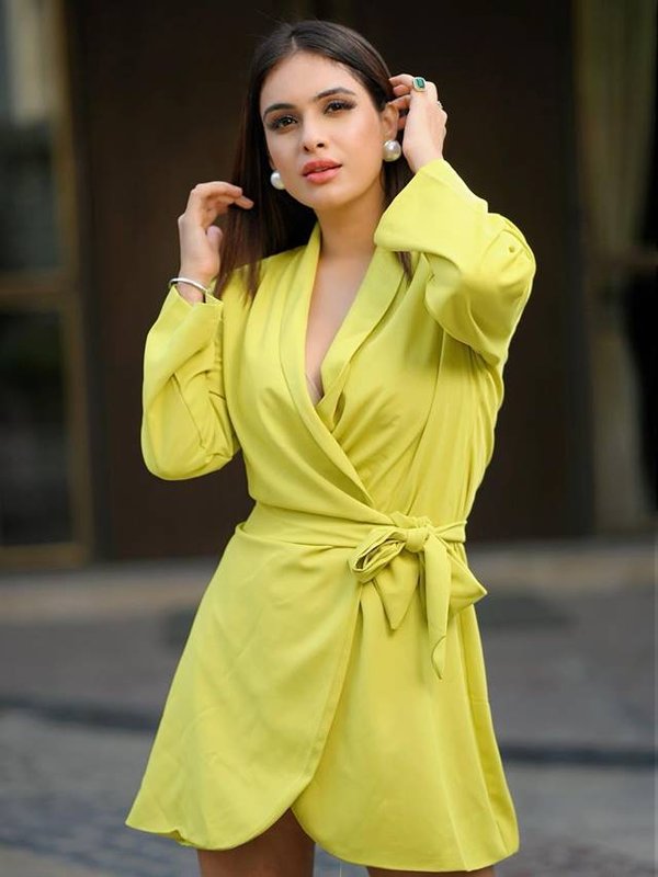 neha in neon dress