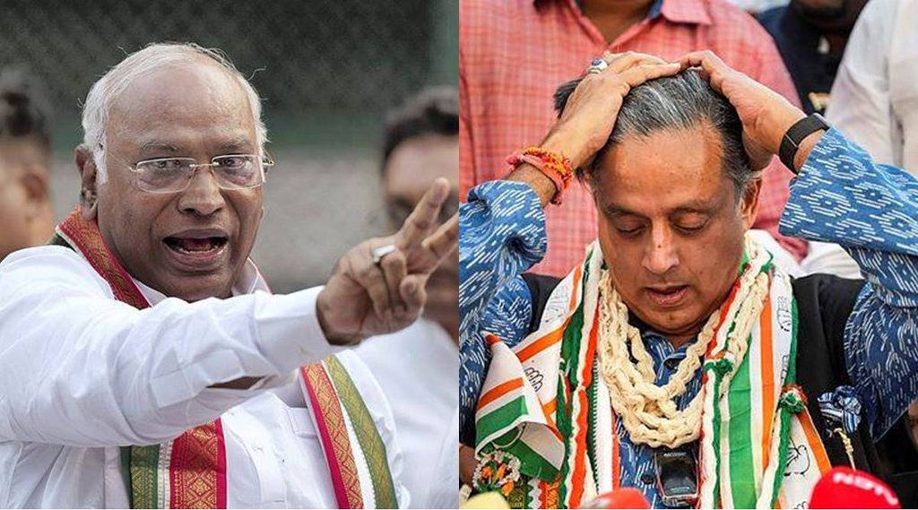 कांग्रेस पार्टी के नए अध्यक्ष निर्वाचित होने पर खुशी जताते मल्लिकार्जुन खड़गे और निराशा में डूबे शशि थरूर। (फोटो- पीटीआई)