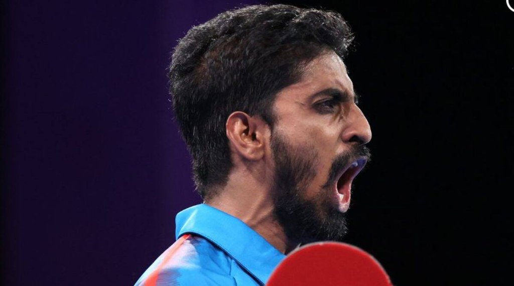 भारत-जर्मनी पुरुष टीम मैच में एक अंक हासिल करने के बाद जश्न मनाते साथियान ज्ञानसेकरन। (फोटो: टीम इंडिया/ट्विटर)
