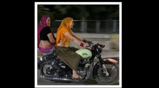 Woman Riding Royal Enfield Classic 350, Woman Riding Royal Enfield Classic 350 in Ghagra Choli, Woman Riding Royal Enfield Classic 350 Saree