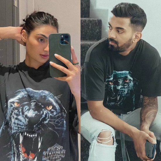 KL Rahul and Athiya Shetty in black printed t-shirt