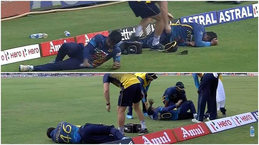 IND vs SL: 2 Sri Lankan players injured india vs Sri lanka take out of field on stretcher Virat Kohli Shot