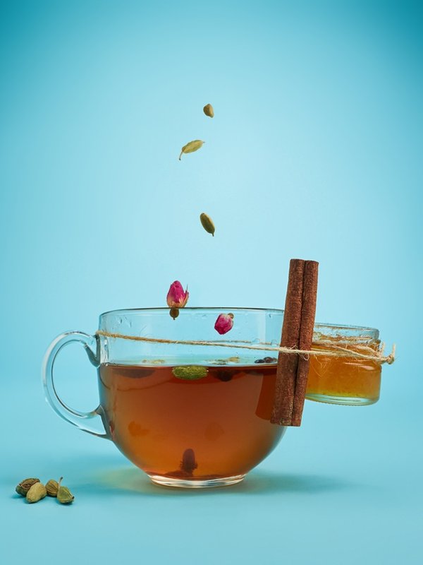 The herbal tea on a blue background