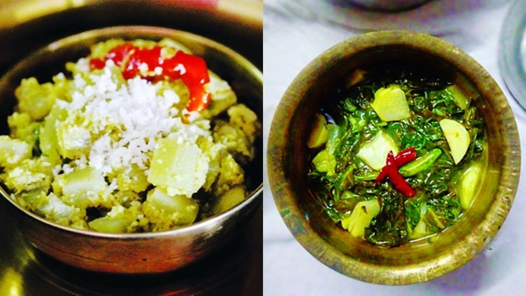 पत्तेदार गांठ गोभी (बाएं) और नारियल लौकी (दाएं)।