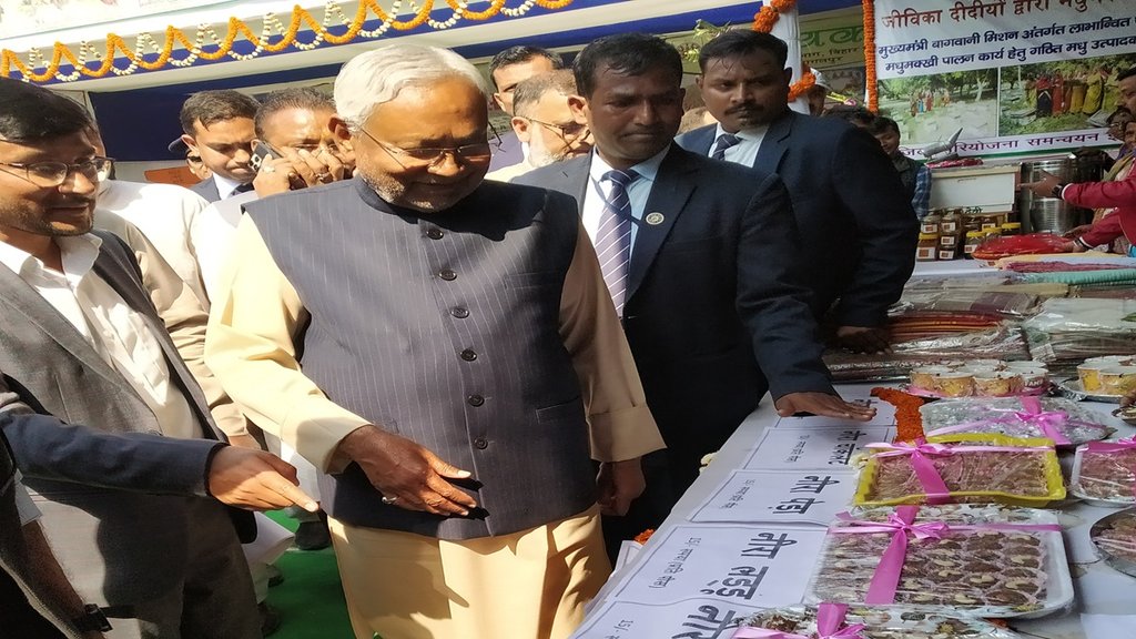 जीविका दीदियों के स्टाल को देखते सीएम नीतीश कुमार। (फोटो- गिरधारी लाल जोशी)