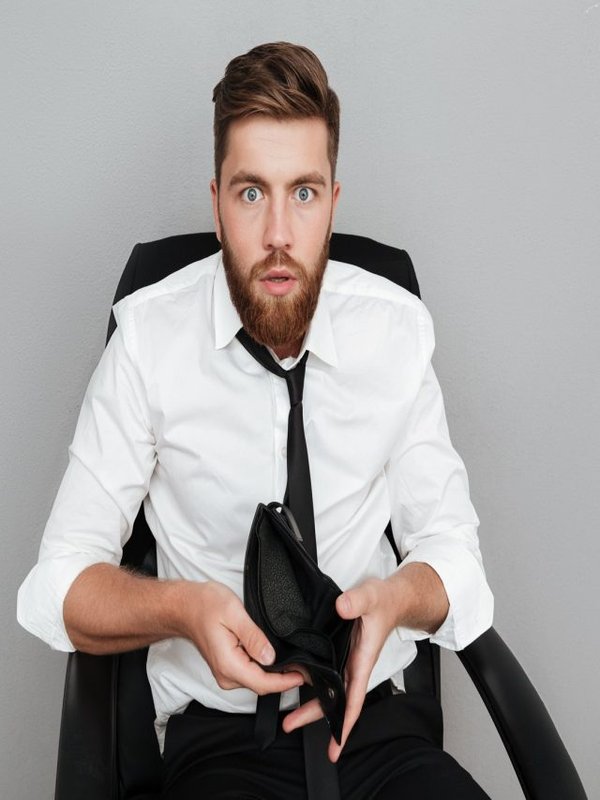 Shocked bearded man in white shirt showing empty wallet