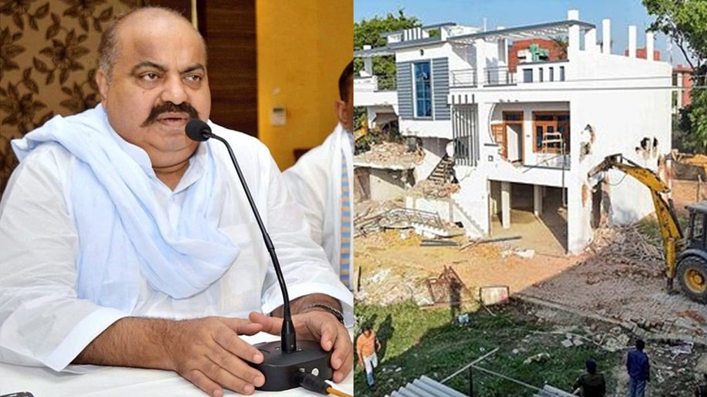माफिया अतीक अहमद और प्रयागराज में उसके शूटर के अवैध मकान को गिराता बुलडोजर। (फोटो- पीटीआई)
