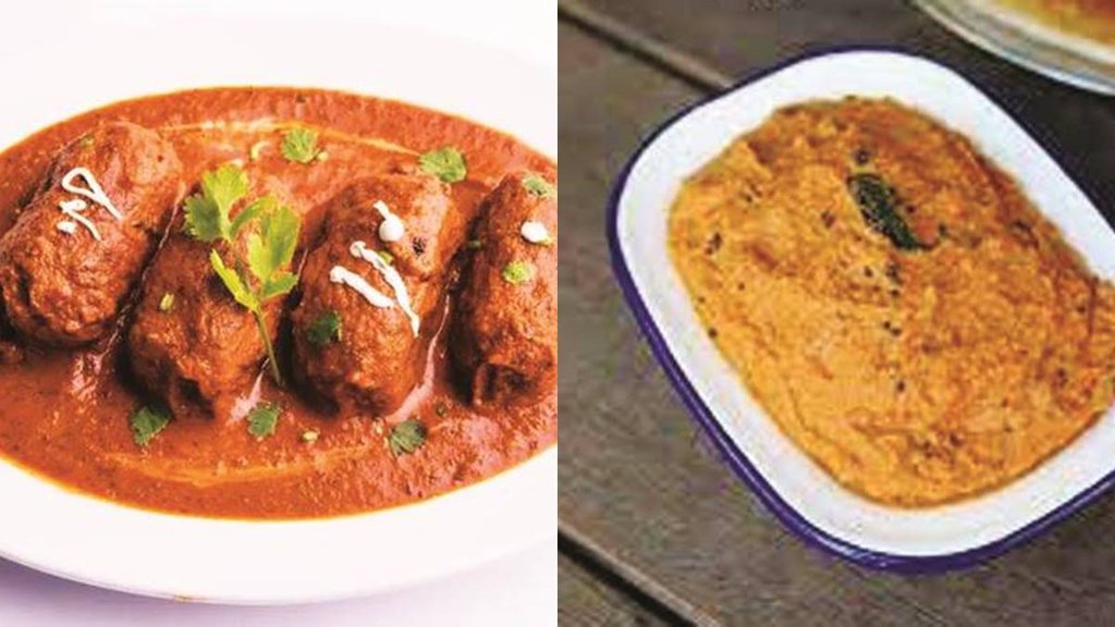 कटहल का कोफ्ता (बाएं) और पत्तागोभी की चटनी (दाएं)। 