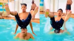 स्विमिंग पूल में कूदने के लिए कंधे पर चढ़ा युवक, हुआ कुछ ऐसा कि लोग पूछ रहे ‘जिंदा है क्या?’