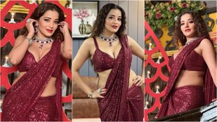 Monalisa In Maroon Sequins Saree Is A Sight To Behold