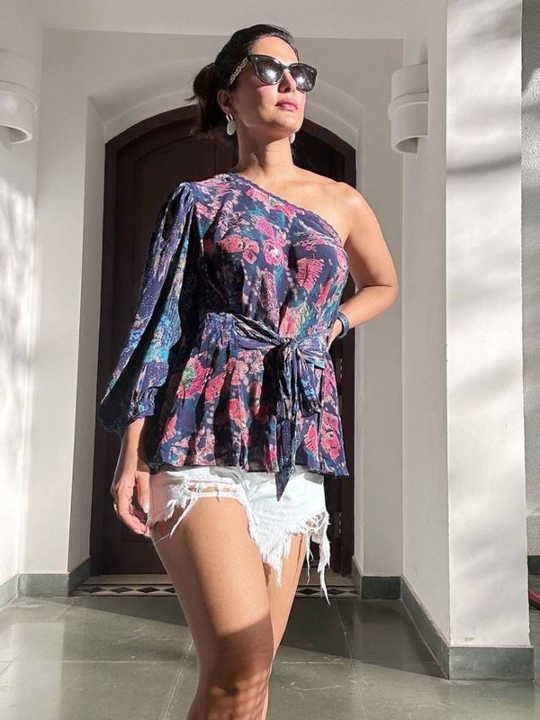 HINA KHAN - SHORTS AND BLACK SPECS