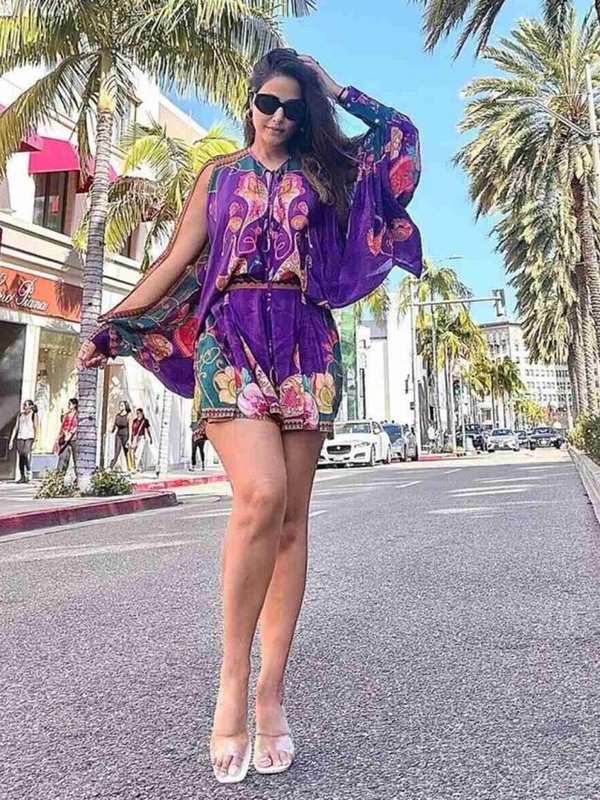 HINA KHAN IN SHORT PURPLE DRESS