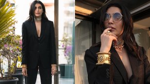 Karishma Tanna wears traditional jewelery with black laced bralette, blazer and pants
