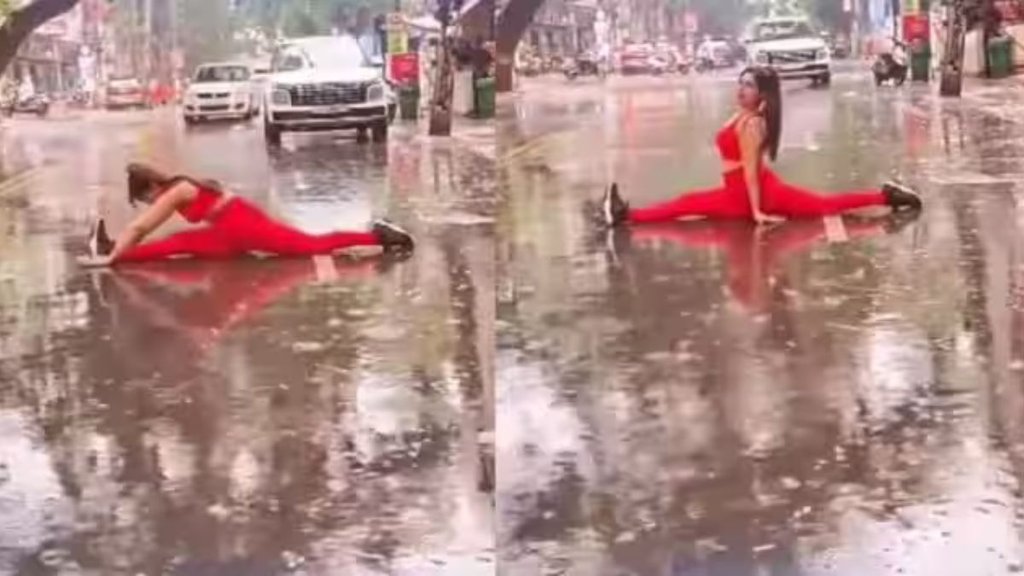 woman performing yoga| woman booked| yoga on road